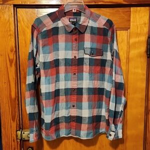 Patagonia Men’s Plaid Button-Up Shirt in Teal, Rust & White